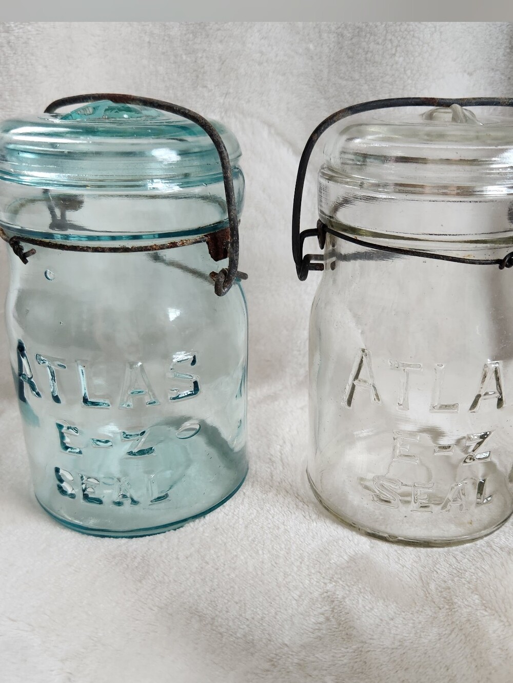 Set of 2 Antique Atlas E-Z Seal Glass Canning Jars w/ Wire Bail Lids